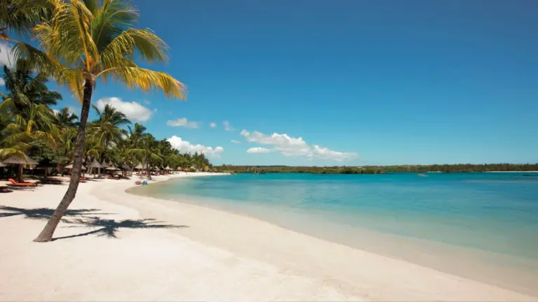 Sicht auf den Sandstrand mit Palmen vor dem Constance Prince Maurice Hotel auf Mauritius, buchbar bei Fenners Reisen