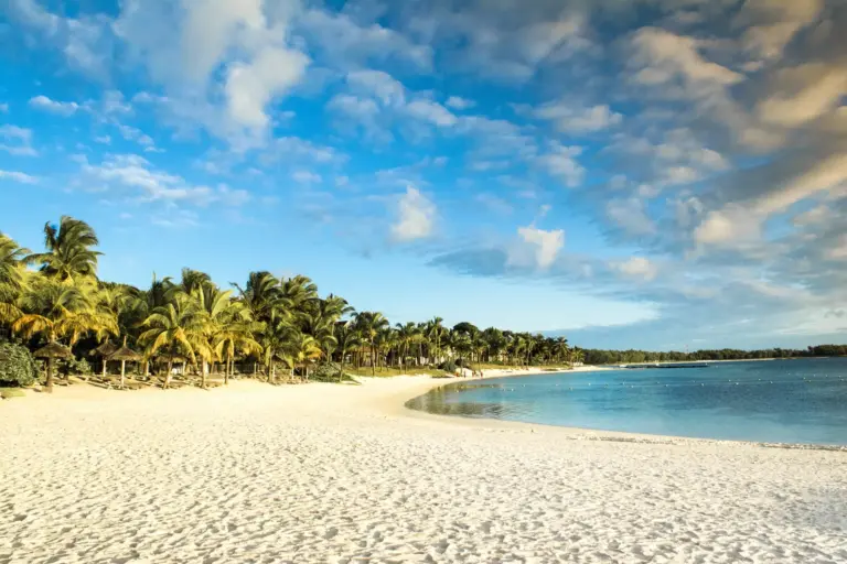 Menschenleerer Sandstrand mit Palmen - jetzt unvergessliche Tage auf der Trauminsel Mauritius mit Fenners Reisen buchen!