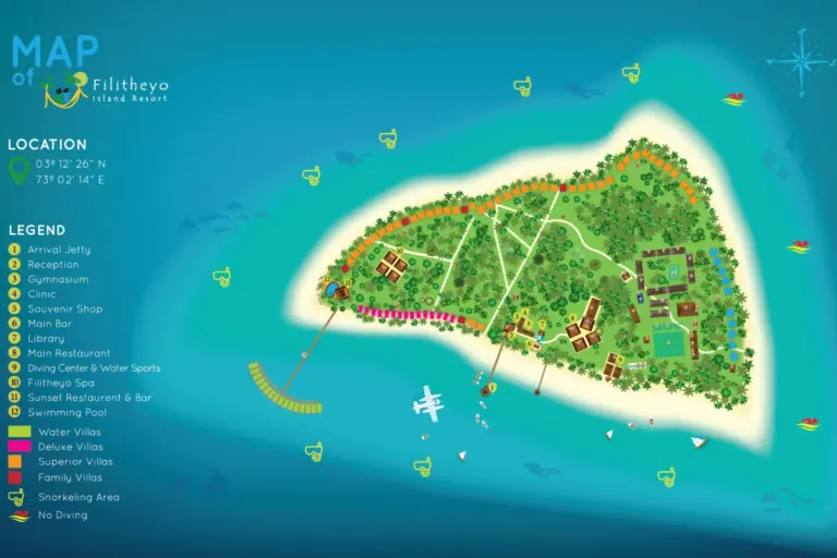Die Hotelkarte des Filitheyo Island Resorts gibt einen Überblick über die kleine Trauminsel. Buchen Sie den Aufenthalt bei der Malediven-Expertin Katharina Fenners!