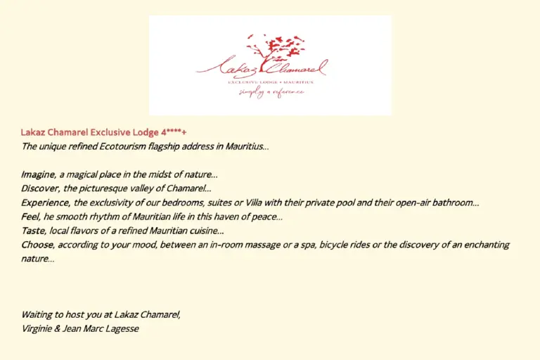Die Broschüre des intimen Boutique-Hotels Lakaz Chamarel Exclusive Lodge. Noch Fragen? Katharina Fenners berät Sie individuell und persönlich!