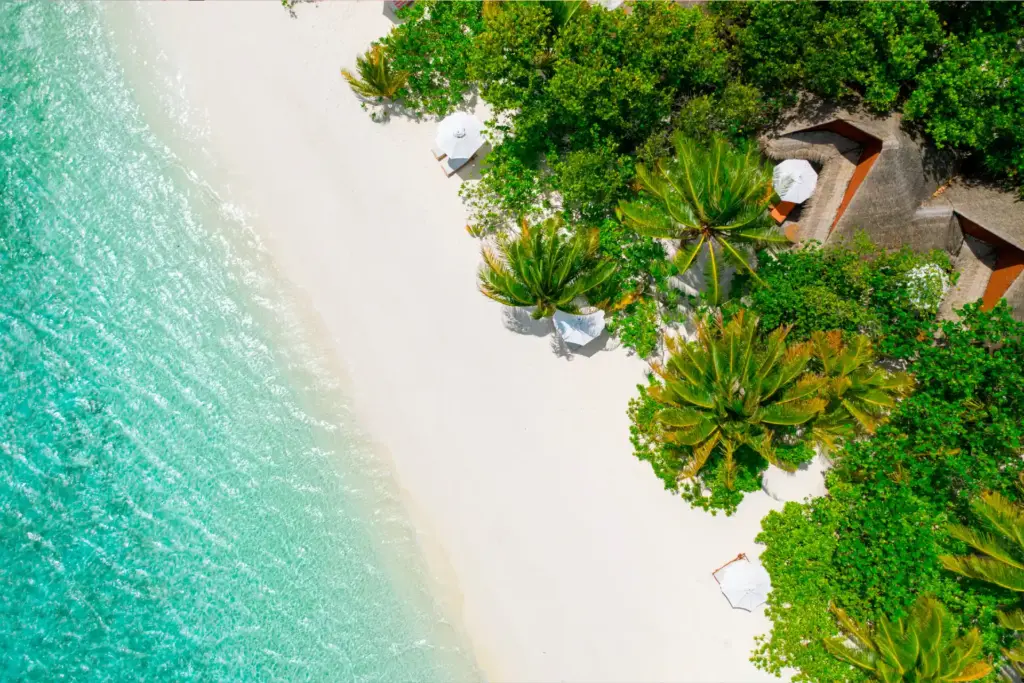 Blick aus der Luft auf die Kontraste der Malediven - türkises Meer, strahlend weißer Strand und üppige Vegetation. Hier verbirgt sich das Mirihi Island Resort, buchbar bei Fenners Reisen!