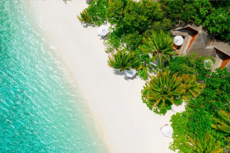 Blick aus der Luft auf die Kontraste der Malediven - türkises Meer, strahlend weißer Strand und üppige Vegetation. Hier verbirgt sich das Mirihi Island Resort, buchbar bei Fenners Reisen!
