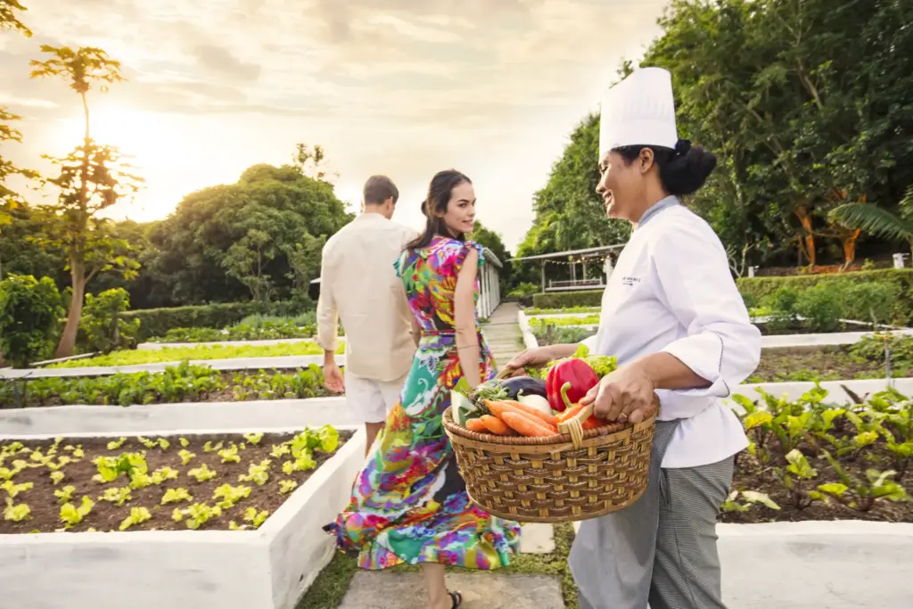 Ein Paar spaziert durch den Biogarten des Shanti Maurice Resort & Spa - hier wachsen die frischen Zutaten der hervorragenden Resort-Küche. Noch Fragen? Katharina Fenners erzählt Ihnen mehr darüber!