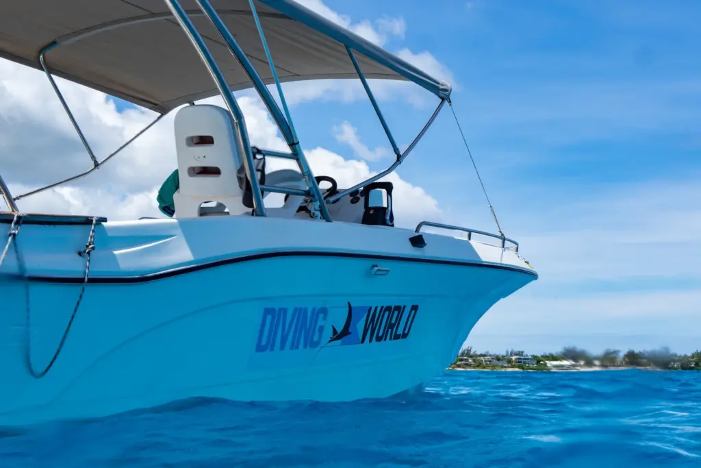 Ein Speedboot mit der Aufschrift Diving World auf dem tiefblauen Ozean vor Mauritius - Katharina Fenners kennt die besten Tauchspots der Insel und plant Ihren Aufenthalt individuell