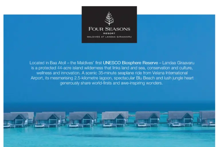 Die Broschüre des Four Seasons Resort Maldives at Landaa Giraavaru. Noch Fragen? Katharina Fenners berät Sie individuell und organisiert Ihren maßgeschneiderten Luxusurlaub auf den Malediven!