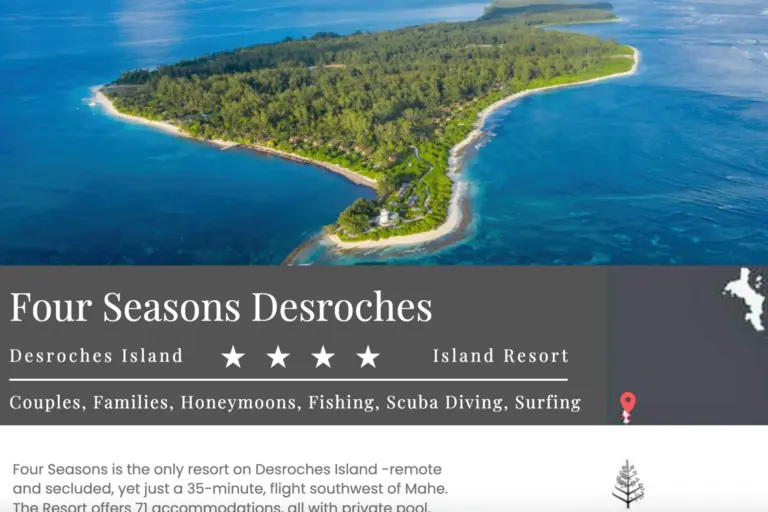 Die Broschüre des Four Seasons Resort Seychelles at Desroches Island. Noch Fragen? Katharina Fenners berät Sie individuell und persönlich!