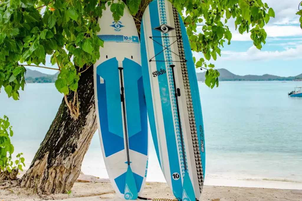 Zwei SUP-Bretter lehnen an einem Baum, im Hintergrund strahlt der Indische Ozean, malerisch begrenzt von fernen Bergketten. So idyllisch ist die Kulisse Ihres Seychellen Urlaubs, rundum geplant bei Fenners Reisen.
