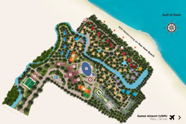 Die Resort Map des Santiburi Koh Samui bietet einen Überblick über die Einrichtungen dieses eleganten Luxushotels, das bei Fenners Reisen gebucht werden kann.
