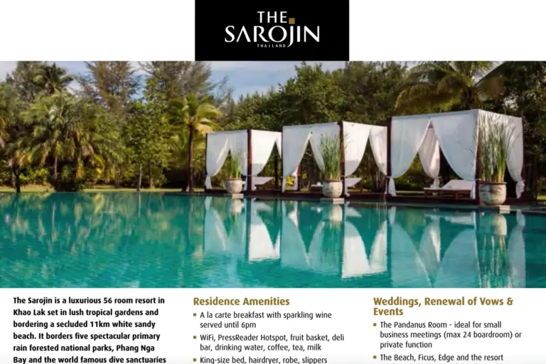 Der Flyer des The Sarojin Khao Lak Resort. Noch Fragen? Katharina Fenners berät Sie individuell und persönlich!