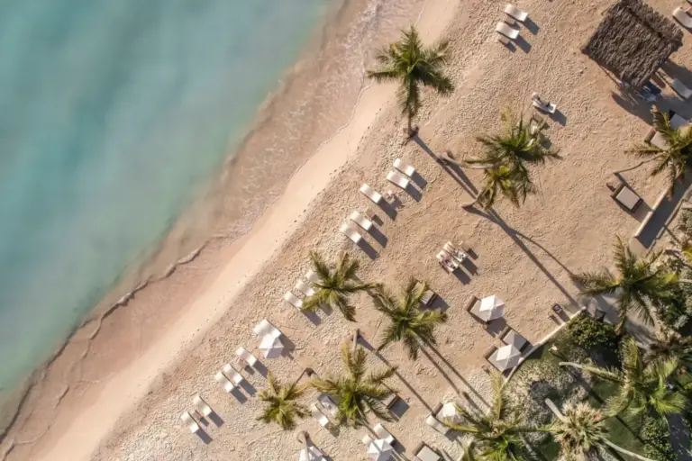 Traumhafter Strand vor dem Club-Resort Punta Cana aus der Vogelperspektive - buchbar ist der Aufenthalt im Rundum-Sorglos-Paket bei Fenners Reisen
