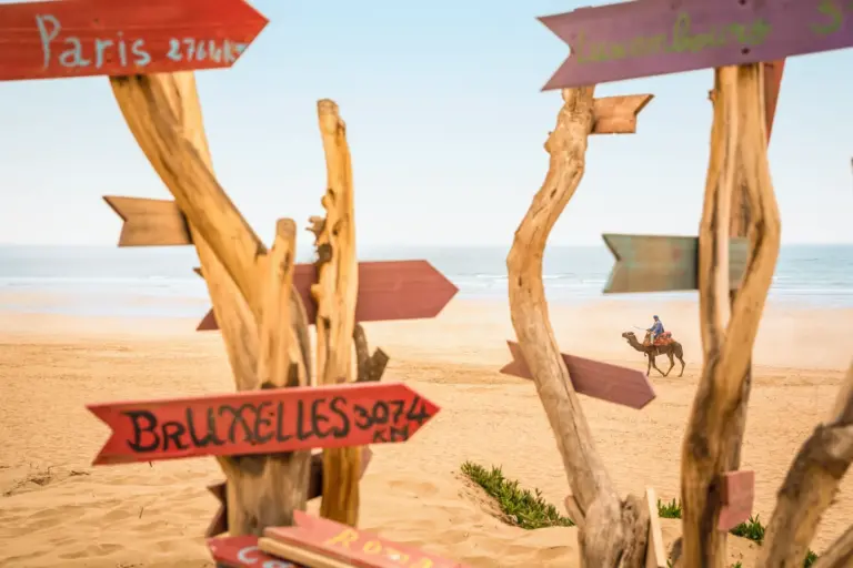 Wegweiser in alle Welt am Strand von Agadir, im Hintergrund ein Kamel - die Atmosphäre im ROBINSON Club ist einfach besonders und doch authentisch. Buchen Sie einen einzigartigen Cluburlaub bei Fenners Reisen!