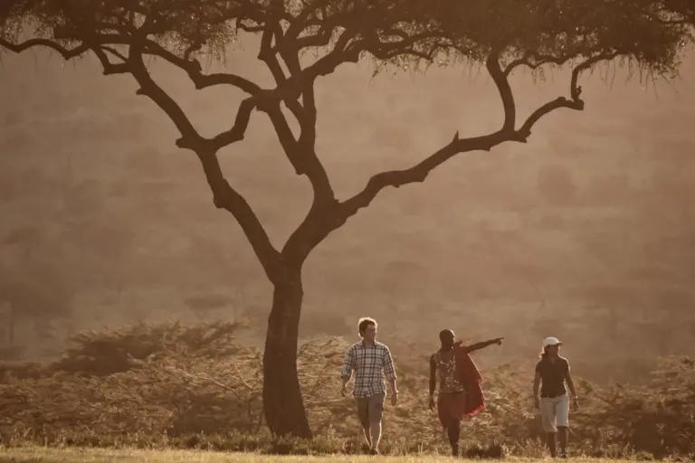 Ein Masai führt zwei Besucher im Rahmen einer Walking Safari durch die Ebene - doch auch die traditionellen Dörfer der lokalen Gemeinschaft lassen sich besuchen. Katharina Fenners plant Ihren vielseitigen Safari Urlaub in Kenia!