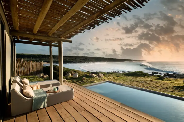 Eine Terrasse mit komfortablen Liegen, Infinity Pool und mehr als spektakulärem Blick: so abgeschieden liegt die GweGwe Beach Lodge, die intensive Naturerlebnisse und viel luxuriösen Komfort bietet und individuell bei Fenners Reisen gebucht werden kann.