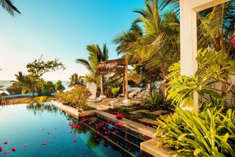 Blüten schwimmen im Pool eines luftigen, von tropischer Vegetation umrahmten Pavillons - das The Aiyana Resort & Spa liegt auf der kleinen Pemba Island. Katharina Fenners organisiert Ihren Aufenthalt im Rahmen einer individuellen Tansania Rundreise!