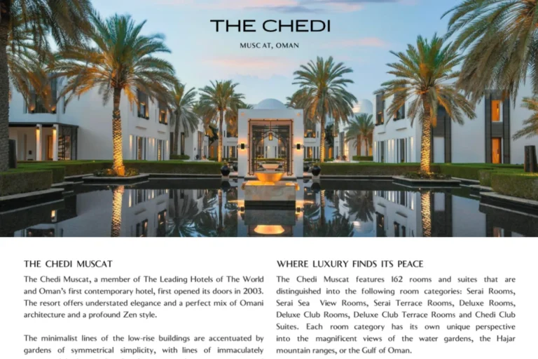 Die Broschüre des Luxushotels The Chedi Muscat im Oman. Noch Fragen? Katharina Fenners berät Sie individuell und persönlich!