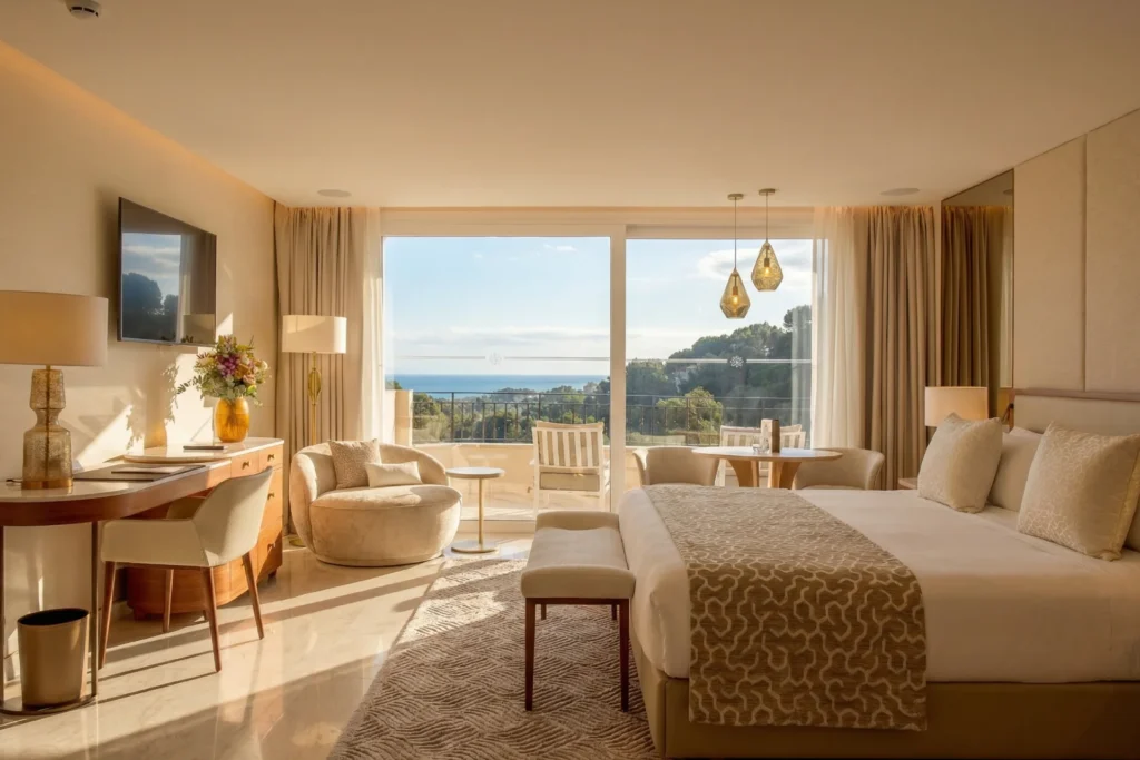 Von diesem Deluxe Zimmer eines spanischen 5-Sterne-Longevity-Hotels gleitet der Blick weit über die malerische Bucht von Altea. Jetzt individuell bei Fenners Reisen buchen!
