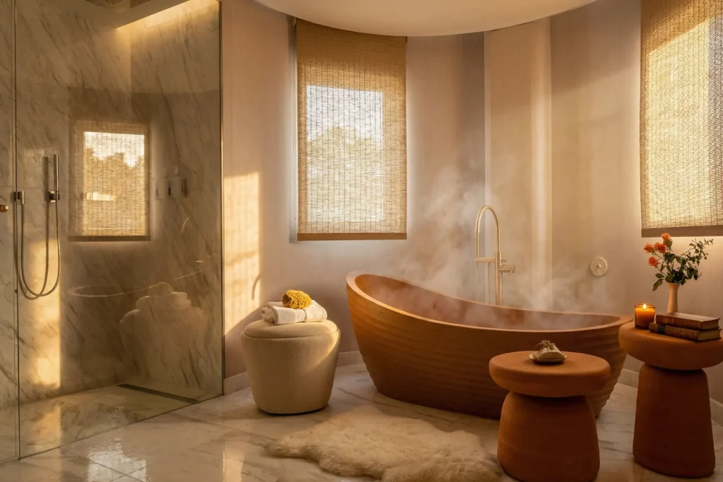Stilvolle Wanne im Feng Shui Zimmer der ZEM Wellness Clinic Altea - ein Tipp besonders für Gäste, die ein Schlaf oder Neuro-Balance-Programm buchen! Katharina Fenners gestaltet Ihren 5-Sterne-Gesundheitsurlaub in Spanien und weltweit.