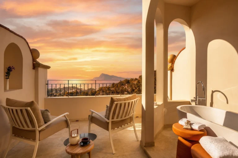 ZEM_Wellness_Clinic_Altea_Slider21 Blick vom Balkon eines Premium Zimmer mit Outdoor-Wanne auf den Sonnenuntergang über der malerischen Bucht von Altea. Das Zimmer ist individuell buchbar für Ihren Longevity-Urlaub in Spanien mit Fenners Reisen!