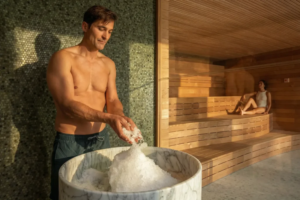 Eine Frau in einer finnischen Sauna, im Vordergrund kühlt sich ein Mann mit Eis. Die ZEM Wellness Clinic in Altea bietet einen riesigen Spabereich mit angeschlossener Gesundheitsklinik für exklusive Longevity-Urlaube.