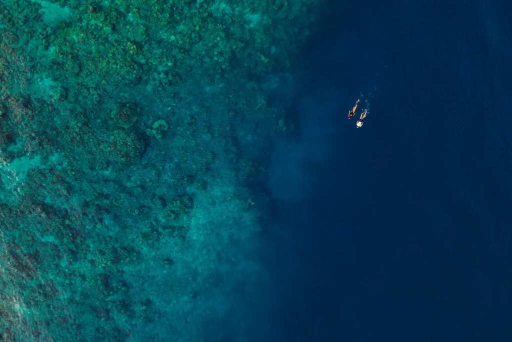 Taucher vor dem Amanwana Luxusresort und Camp - Moyo Island bietet hervorragende Tauchreviere mit enorm gut erhaltenen Riffen. Jetzt bei Fenners Reisen beraten lassen!