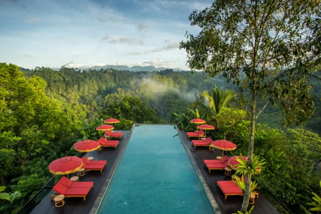Rote Liegen und Schirme umrahmen den Infinity Pool des Buahan, A Banyan Tree Escape - mit weitem Blick über Balis Regenwald und die Berge am Horizont. Katharina Fenners gestaltet Ihre Bali Rundreise individuell.