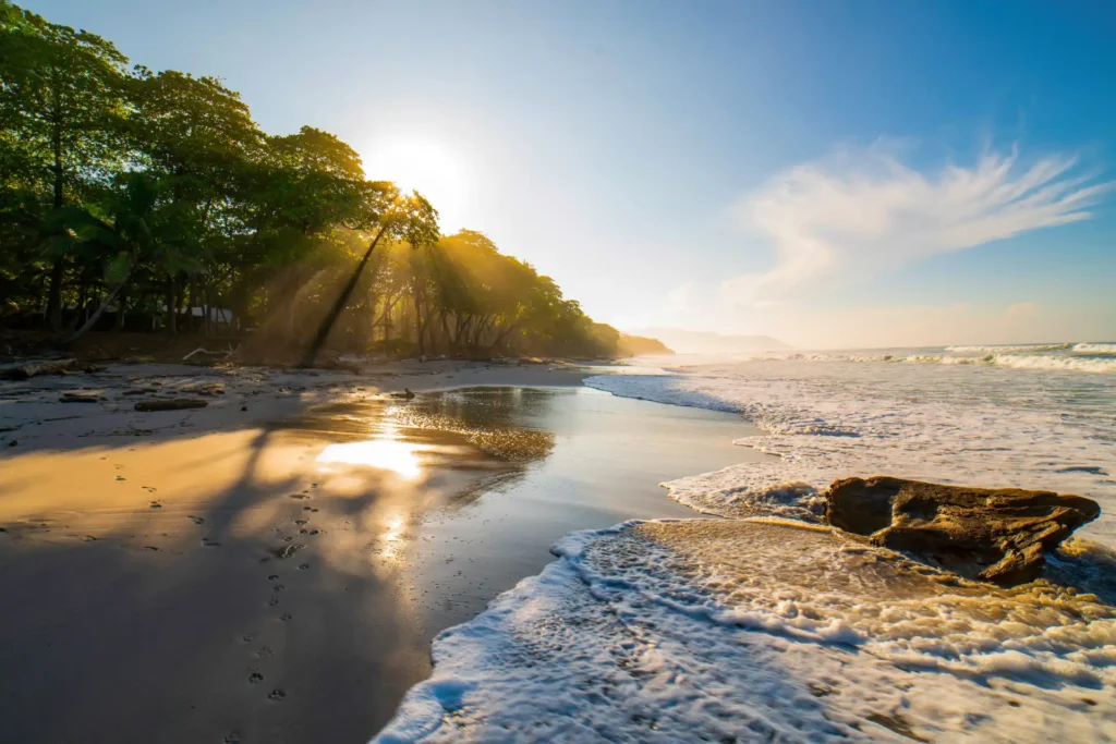 Traumstrand in Santa Teresa, Costa Rica, umrahmt von sanften Hügeln und tropischem Grün. Eine Costa Rica Rundreise bietet die perfekte Mischung aus Abenteuer und Entspannung! Jetzt individuell bei Fenners Reisen buchen.