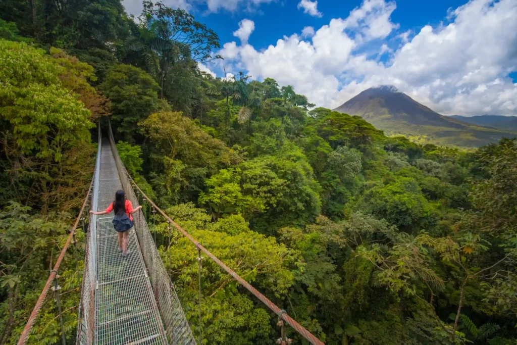 Eine Frau spaziert über eine Hängebrücke mit Blick über den tropischen Regenwald und den Vulkan Arenal - ein Highlight jeder Reise durch Costa Rica! Jetzt bei Fenners Reisen beraten lassen.